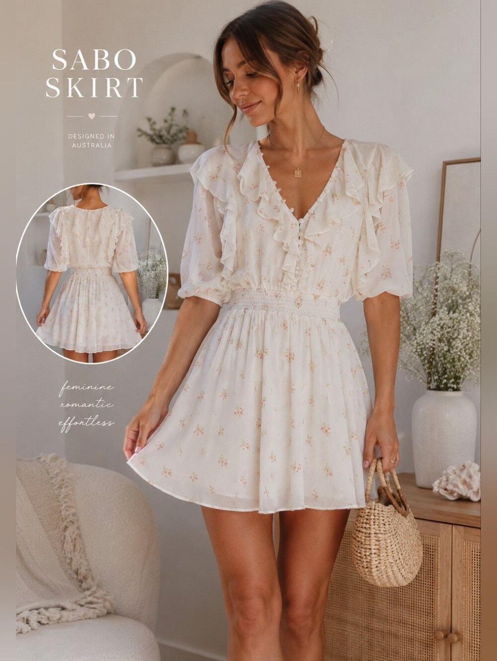 SABO SKIRT White Floral Ruffle Mini Dress Size Small Cottagecore Romantic Boho